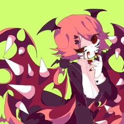 Rule 34 | 1girl, bat wings, blood, blood from mouth, blood on face, cranber, demon girl, dress, funamusea, haiiro teien, heart, horns, long hair, looking at viewer, pink hair, red eyes, spiked hair, suaviterra, tongue, tongue out, twintails, very long hair, wings