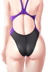 Rule 34 | absurdres, ass, ass focus, back, back cutout, bare arms, bare shoulders, black one-piece swimsuit, clothing cutout, competition swimsuit, cowboy shot, from behind, head out of frame, highres, ncontrail (mgax7527), one-piece swimsuit, original, purple one-piece swimsuit, revision, simple background, swimsuit, two-tone swimsuit, white background