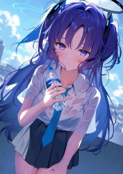 Rule 34 | 1girl, black skirt, blue archive, blue eyes, blue hair, blurry, blurry background, blush, bottle, breasts, closed mouth, collared shirt, day, halo, highres, holding, holding bottle, large breasts, long hair, mintoaisu, outdoors, parted bangs, pleated skirt, shirt, shirt tucked in, short sleeves, skirt, solo, two side up, water bottle, wet, wet clothes, white shirt, yuuka (blue archive)