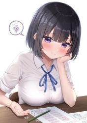 Rule 34 | 1girl, black hair, bra visible through clothes, breast rest, breasts, breasts on table, closed mouth, collared shirt, frown, hand up, head rest, holding, inoue yurina, karutamo, large breasts, looking at viewer, neck ribbon, original, paper, pen, purple eyes, ribbon, school uniform, see-through, shirt, short hair, short sleeves, simple background, solo, spoken squiggle, squiggle, sweatdrop, white background, white shirt