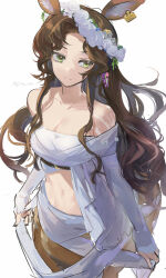 Rule 34 | 1girl, animal ears, bare shoulders, breasts, brown hair, centauroid, cleavage, closed mouth, collarbone, cowboy shot, cropped shirt, deer ears, deer girl, ear tag, facing viewer, flower, flower wreath, green eyes, head wreath, highres, jessica (reverse:1999), long hair, long sleeves, looking to the side, medium breasts, midriff, navel, off-shoulder shirt, off shoulder, phino, reverse:1999, rose, shirt, sketch, smile, solo, stomach, taur, twitter username, white background, white flower, white footwear, white rose, white shirt