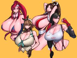 Rule 34 | 4girls, smile, :/, :o, abs, alternate breast size, atelier (series), bare shoulders, bikini, black hair, breasts, brown hair, crossover, detached sleeves, fatal fury, final fantasy, final fantasy vii, gigantic breasts, gloves, hair ornament, handkerchief, highres, huge breasts, key, long hair, looking at viewer, multiple girls, overalls, ponytail, red eyes, reisalin stout, scarf, shiranui mai, shirt, short hair, sideboob, snk, square enix, swimsuit, tecmo, tengen toppa gurren lagann, the king of fighters, tifa lockhart, torn clothes, torn shirt, wolffeld price, yellow background, yellow eyes, yoko littner