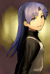 Rule 34 | 1girl, arms behind back, blue hair, brown eyes, from side, idolmaster, idolmaster (classic), kisaragi chihaya, light smile, long hair, open mouth, purple hair, smile, solo, turtleneck, upper body, yu 65026