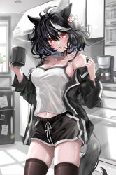 Rule 34 | 1girl, absurdres, animal ears, bad id, bad pixiv id, bare shoulders, black hair, brown thighhighs, camisole, coffee maker, cup, hair ornament, highres, holding, holding cup, horse ears, horse girl, horse tail, jacket, kitasan black (umamusume), kitchen, long sleeves, minifridge, multicolored hair, navel, open clothes, open jacket, plant, potted plant, red eyes, ryuryu mt, short hair, short shorts, shorts, solo, streaked hair, tail, thighhighs, thighs, umamusume, white hair, window