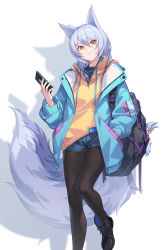 Rule 34 | 1girl, alternate costume, animal ears, arknights, bag, black footwear, black pantyhose, blue jacket, blue shorts, boots, casual, cellphone, character doll, commentary request, drop shadow, feet out of frame, foot out of frame, hair between eyes, hand up, head tilt, highres, holding, holding phone, jacket, large tail, pantyhose under shorts, long hair, long sleeves, looking at viewer, nian (zhanian), open clothes, open jacket, pantyhose, pantyhose under shorts, phone, provence (arknights), purple hair, shirt, short shorts, shorts, simple background, smartphone, smile, solo, standing, standing on one leg, tail, white background, wolf ears, wolf tail, yellow eyes, yellow shirt