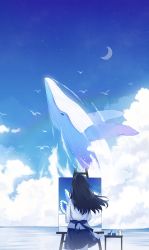 Rule 34 | 1girl, bird, black hair, black skirt, blue sky, commentary request, crescent moon, fantasy, from behind, highres, humpback whale, long hair, long sleeves, mige shijiu, moon, original, outdoors, painting (action), painting (object), shirt, skirt, sky, whale, white shirt