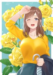 Rule 34 | 1girl, arm up, blue eyes, blue skirt, border, bracelet, breasts, brown hair, collarbone, commentary request, earrings, fingernails, floral background, flower, highres, holding, holding umbrella, jacket, unworn jacket, jewelry, kitazawa (embers), large breasts, long hair, looking at viewer, one eye closed, open mouth, original, skirt, solo, sweater, sweater tucked in, tareme, teeth, umbrella, upper teeth only, white border, yellow flower, yellow sweater