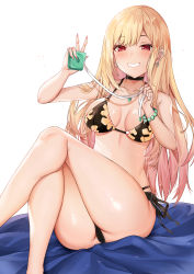 Rule 34 | 1girl, absurdres, ass, bead bracelet, beads, bikini, black bikini, blonde hair, bracelet, breasts, choker, collarbone, commentary, commentary request, crossed legs, deogho (liujinzy9854), ear piercing, earrings, floral print, gradient hair, grin, halterneck, highres, holding, jewelry, kitagawa marin, korean commentary, looking at viewer, medium breasts, multicolored hair, orange hair, piercing, print bikini, red eyes, side-tie bikini bottom, simple background, sitting, smile, solo, sono bisque doll wa koi wo suru, swimsuit, tape measure, thighs, two-tone hair, white background