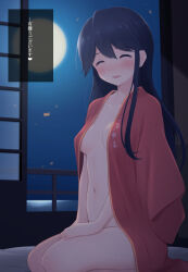 Rule 34 | 1girl, aftersex, alternate hairstyle, azuki-iro, black hair, breasts, closed eyes, full moon, hair between eyes, hair down, highres, houshou (kancolle), japanese clothes, jewelry, kantai collection, kimono, long hair, moon, naked kimono, navel, night, night sky, open mouth, pink kimono, ring, seiza, sitting, sky, small breasts, smile, solo, translation request, very long hair, wedding ring