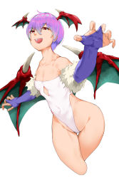 Rule 34 | 1girl, alternate costume, bakkanki, bare shoulders, bat wings, breasts, bridal gauntlets, cleavage, covered navel, cropped legs, demon girl, gloves, hair between eyes, head wings, highleg, highleg leotard, highres, leotard, lilith aensland, open mouth, purple gloves, purple hair, red eyes, red wings, short hair, simple background, small breasts, smile, solo, strapless, strapless leotard, vampire (game), white background, white leotard, wings