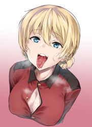 Rule 34 | 10s, 1girl, blonde hair, blue eyes, blush, braid, breasts, cleavage, darjeeling (girls und panzer), girls und panzer, highres, large breasts, looking up, open mouth, oral invitation, rcsp, saliva, solo, st. gloriana&#039;s military uniform, tongue