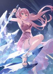 Rule 34 | 1girl, armpits, blue eyes, bow, breasts, cleavage, commission, dress, footwear bow, highres, holding, holding sword, holding weapon, long hair, looking at viewer, morros, original, pink dress, pink hair, reverse grip, sandals, silver footwear, smile, solo, sword, thigh strap, thighs, toes, weapon