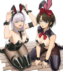 Rule 34 | 2girls, :d, absurdres, animal ears, arm garter, bangom r, black necktie, black thighhighs, blue eyes, boots, bow, bowtie, breasts, brown hair, cleavage, fake animal ears, full body, green eyes, highres, hololive, kneeling, large breasts, leotard, looking at viewer, medium breasts, multiple girls, navel, necktie, oozora subaru, open mouth, pantyhose, playboy bunny, rabbit ears, red bow, red bowtie, red ribbon, ribbon, seiza, shirogane noel, sitting, smile, thighhighs, virtual youtuber, white hair, wrist cuffs