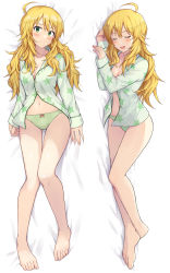 Rule 34 | 1girl, absurdres, ahoge, bare legs, barefoot, blonde hair, breasts, cleavage, commentary request, commission, dakimakura (medium), green pajamas, green panties, highres, hoshii miki, idolmaster, large breasts, long hair, long sleeves, multiple views, navel, on bed, pajamas, panties, pixiv commission, shuucream (syuichi), solo, unbuttoned, unbuttoned shirt, underwear, white background