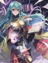 Rule 34 | armor, blue eyes, blue hair, book, boots, commission, eirika (fire emblem), fire emblem, fire emblem: the sacred stones, fire emblem heroes, iro saki, library, long hair, long sleeves, mage, magic, nintendo, scarf, skeb commission, skirt, thigh boots