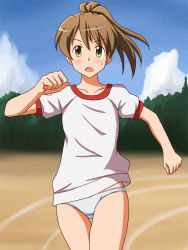 Rule 34 | 1girl, blue sky, blush, brown eyes, brown hair, cloud, cloudy sky, commentary request, commission, crotch seam, day, gym shirt, gym uniform, lielos, looking at viewer, medium hair, no pants, open mouth, original, outdoors, panties, partial commentary, pixiv commission, poniko (lielos), ponytail, running, running track, shirt, short sleeves, sky, solo, sweatdrop, thigh gap, underwear, white panties, white shirt