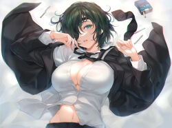 Rule 34 | 1girl, absurdres, black jacket, black necktie, breasts, chainsaw man, cigarette, cigarette pack, cleavage, collared shirt, commentary request, dress shirt, eyepatch, green eyes, green hair, hair over one eye, hands up, highres, himeno (chainsaw man), jacket, large breasts, long sleeves, looking at viewer, lying, navel, necktie, on back, open clothes, open jacket, parted lips, partially unbuttoned, shirt, short hair, smile, solo, stomach, tel-o, upper body, white background, white shirt