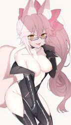Rule 34 | 1girl, absurdres, animal ear fluff, animal ears, black bodysuit, blush, bodysuit, bow, breasts, center opening, choker, collarbone, fate/grand order, fate (series), fox ears, fox girl, fox tail, glasses, hair between eyes, hair bow, highres, hip vent, koyanskaya (assassin) (first ascension) (fate), koyanskaya (fate), large breasts, long hair, looking at viewer, mati5572, nipples, off shoulder, open mouth, pink bow, pink hair, ponytail, presenting, sidelocks, smile, tail, tamamo (fate), thighs, tongue, tongue out, yellow eyes
