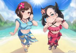 Rule 34 | 2girls, artist name, artsheops, asymmetrical bangs, black hair, blue sarong, blue shirt, blush, brown eyes, brown hair, closed mouth, cloud, collarbone, commentary request, creatures (company), day, eyelashes, fingersmile, flower, game freak, gloria (pokemon), gloria (summer 2021) (pokemon), green eyes, green ribbon, hair flower, hair ornament, hair ribbon, hand up, highres, jewelry, looking at viewer, marnie (pokemon), marnie (summer 2021) (pokemon), multiple girls, nail polish, navel, necklace, nintendo, official alternate costume, outdoors, pink flower, pokemon, pokemon masters ex, red nails, ribbon, sand, sandals, sarong, scrunchie, shiny skin, shirt, shore, short hair, sky, sleeveless, sleeveless shirt, smile, standing, sun, toenail polish, toenails, toes, water, watermark, wrist scrunchie