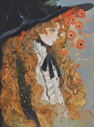 Rule 34 | 1girl, anemone (flower), black hat, black ribbon, center frills, commentary request, dress, expressionless, flower, frills, grey eyes, hat, highres, long hair, neck ribbon, orange hair, orie h, original, profile, ribbon, signature, sketch, solo, upper body, very long hair, wavy hair, white dress, witch hat