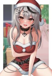 Rule 34 | 1girl, absurdres, bare shoulders, breasts, cleavage, grey hair, highres, hololive, indoors, long hair, looking at viewer, open mouth, red eyes, sakamata chloe, santa costume, smile, solo, virtual youtuber, yoppy paint
