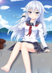 Rule 34 | 1girl, anchor symbol, barefoot, black sailor collar, black skirt, blue eyes, blue sky, cloud, commentary request, day, hibiki (kancolle), highres, kantai collection, long hair, long sleeves, looking at viewer, mountain, neckerchief, outdoors, pier, pleated skirt, red neckerchief, sailor collar, school uniform, serafuku, silver hair, sitting, skirt, sky, solo, water, yurasuku
