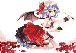 Rule 34 | 1girl, adapted costume, bat wings, blue hair, boots, bow, cake, choker, collarbone, dress, female focus, flower, food, garter straps, hat, hat ribbon, jewelry, kneeling, looking at viewer, musou yuchi, pendant, plate, red eyes, red flower, red rose, remilia scarlet, ribbon, rose, sleeveless, sleeveless dress, solo, spilling, spoon, thigh boots, thighhighs, touhou, white dress, wings, wrist cuffs