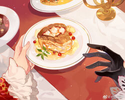 Rule 34 | apple pie, ayn alwyn, berry, black gloves, candelabra, candlestand, food, food focus, frilled sleeves, frills, game cg, gloves, hand focus, heroine (lovebrush chronicles), holding, holding plate, light particles, long sleeves, lovebrush chronicles, nevakuma (fanfanas), out of frame, pie, pie slice, pink nails, plate, reaching, red sleeves, soup, table, tablecloth, weibo logo, weibo watermark, whipped cream