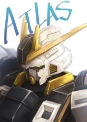Rule 34 | atlas gundam, character name, deadspike nine, glowing, glowing eyes, green eyes, gundam, gundam thunderbolt, highres, mecha, no humans, robot, solo, white background