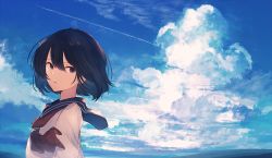 Rule 34 | 1girl, absurdres, black hair, black sailor collar, blouse, blue sky, closed mouth, cloud, commentary request, contrail, cumulonimbus cloud, day, from side, hair between eyes, highres, huge filesize, looking at viewer, looking to the side, mifuru, neckerchief, original, outdoors, purple eyes, red neckerchief, sailor collar, school uniform, serafuku, shirt, short hair, sky, solo, upper body, white shirt