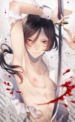 Rule 34 | 10s, 1boy, bad id, bad pixiv id, blood, blurry, brown hair, depth of field, highres, kashuu kiyomitsu, katana, looking at viewer, male focus, mole, mole under mouth, nail polish, navel, nipples, nipponia nippon, ponytail, red eyes, red nails, topless male, smile, sword, torn clothes, touken ranbu, weapon