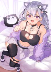 Rule 34 | 1girl, :d, absurdres, animal ears, armpit crease, bare shoulders, black choker, black shirt, black thighhighs, breasts, choker, cleavage, cleavage cutout, clothing cutout, collarbone, crop top, drill hair, hair ornament, heart cutout, highres, hourei tenten, jacket, large breasts, long hair, long sleeves, looking at viewer, mary janes, melty+, midriff, miniskirt, mole, mole on breast, navel, off shoulder, ogura toast, open clothes, open jacket, open mouth, pleated skirt, purple eyes, purple jacket, purple skirt, shirt, shoes, silver hair, skirt, sleeveless, sleeveless shirt, smile, solo, spaghetti strap, thighhighs, twin drills, two side up, v-shaped eyebrows, virtual youtuber, zettai ryouiki