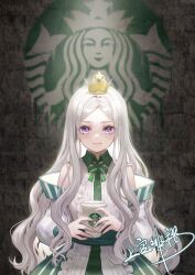 Rule 34 | 1girl, bow, bowtie, collar, crown, detached sleeves, green bow, green bowtie, green collar, highres, jokanhiyou, lips, long hair, looking at viewer, purple eyes, shirt, smile, star (symbol), starbucks, white hair, white shirt, white sleeves