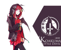 Rule 34 | 1girl, character name, koakuma, lowlight kirilenko, red eyes, red hair, simple background, solo, thighhighs, touhou, white background, wings