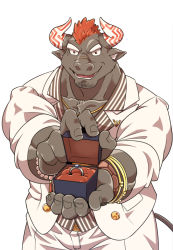 Rule 34 | 1boy, animal ears, bara, bead bracelet, beads, bracelet, brown fur, cow ears, cow horns, formal, furry, furry male, grausummon, gyumao (housamo), horns, jewelry, lapels, looking at viewer, male focus, marriage proposal, minotaur, mohawk, muscular, muscular male, necklace, notched lapels, pants, peaked lapels, ring, ring box, shirt, short hair, simple background, smile, solo, striped clothes, striped shirt, suit, thick eyebrows, tokyo houkago summoners, upper body, white background, white pants, white suit