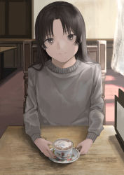 Rule 34 | 1girl, absurdres, black hair, brown eyes, brown sweater, closed mouth, commentary, cup, curtains, day, english commentary, head tilt, highres, indoors, light smile, long hair, long sleeves, looking at viewer, mk taso, original, saucer, sitting, solo, sweater, teacup