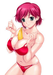 Rule 34 | 00s, 1girl, absurdres, banana, between breasts, bikini, blue eyes, breasts, cleavage, food, fruit, happoubi jin, highres, iihara nao, large breasts, looking at viewer, navel, o-ring, o-ring bottom, o-ring top, pink hair, red bikini, resort boin, sexually suggestive, shiny skin, short hair, simple background, skindentation, smile, solo, strap slip, swimsuit, white background