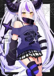 Rule 34 | 1girl, :o, alternate costume, black horns, blush, cross, cross necklace, detached sleeves, garter straps, highres, hololive, horns, jewelry, la+ darknesss, long hair, looking at viewer, multicolored hair, necklace, pointy ears, purple hair, purple sweater, single thighhigh, solo, streaked hair, striped clothes, striped horns, striped thighhighs, sweater, tail, thighhighs, thighs, twintails, ute (perouthi), virtual youtuber, yellow eyes