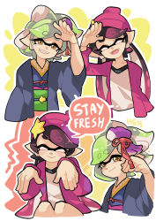 Rule 34 | + +, ..., 2girls, adjusting hair ornament, beanie, blue kimono, brown eyes, callie (splatoon), closed eyes, closed mouth, commentary, cropped torso, earrings, english commentary, english text, fangs, flying sweatdrops, food, frown, gomipomi, grey hair, grin, hair ornament, hat, hat ornament, holding, holding umbrella, inkling, jacket, japanese clothes, jewelry, kimono, laughing, long hair, long sleeves, marie (splatoon), mask, mole, mole under eye, motion lines, multiple girls, nintendo, oil-paper umbrella, open mouth, paint splatter, pointy ears, puff of air, purple hat, purple jacket, salute, shirt, short hair, smile, spoken ellipsis, squatting, squid pose, squidbeak splatoon, standing, star (symbol), star hat ornament, sushi, tentacle hair, umbrella, white shirt