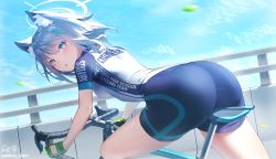 Rule 34 | 1girl, aekun cben, animal ear fluff, animal ears, ass, bicycle, bike jersey, bike shorts, blue archive, blue eyes, blue sky, breasts, cloud, cross hair ornament, day, from side, gloves, green gloves, grey hair, hair ornament, halo, highres, leaf, leaning forward, looking at viewer, looking to the side, medium hair, mismatched pupils, outdoors, parted lips, riding, riding bicycle, shiroko (blue archive), shiroko (cycling) (blue archive), signature, sky, solo, sweat, twitter username, wolf ears
