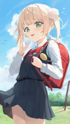 Rule 34 | 1girl, absurdres, aged down, ahoge, backpack, bag, blonde hair, blue dress, blue sky, blurry, blurry background, blush, bow, bowtie, collared shirt, commentary request, day, dress, enokinoko1010, green eyes, hair ornament, hand up, highres, holding, indie virtual youtuber, long sleeves, looking at viewer, open mouth, outdoors, pinafore dress, pleated dress, pom pom (clothes), pom pom hair ornament, randoseru, red bag, red bow, red bowtie, school uniform, shigure ui (vtuber), shigure ui (vtuber) (young), shirt, short hair, sidelocks, sky, sleeveless, sleeveless dress, smile, solo, twintails, virtual youtuber, white shirt