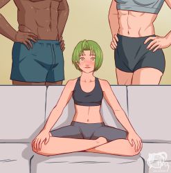 Rule 34 | 1boy, 2girls, abs, armchair, barefoot, belly, bisexual female, blush, brown eyes, chair, couch, dark-skinned male, dark skin, excited, facing viewer, green hair, head out of frame, indian style, indoors, looking at viewer, midriff, multiple girls, muscular, muscular female, navel, nervous, nervous smile, on couch, razillon, ryumivt, short hair, shorts, signature, sitting, smile, sports bra, sportswear, standing, twitch, virtual youtuber, yellow eyes, youtube