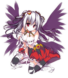 Rule 34 | 10s, 1girl, bandages, bare shoulders, black wings, bow, breast hold, breasts, cleavage, collarbone, crown, drill hair, heart, idolmaster, idolmaster cinderella girls, kanzaki ranko, large breasts, long hair, multiple wings, red eyes, rei (rei&#039;s room), silver hair, sitting, sleeveless, smile, solo, twintails, wariza, wings