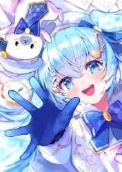 Rule 34 | 1girl, 1other, beret, blue bow, blue eyes, blue gloves, blue hair, blue neckwear, blue tabard, blush, blush stickers, book, bow, bowtie, braid, braided bangs, capelet, clock, commentary, foreshortening, fortissimo, fur-trimmed capelet, fur trim, gloves, gold trim, hair ornament, hat, hatsune miku, highres, light blue hair, looking at viewer, lying, mocaru 62, musical note, musical note hair ornament, on back, open mouth, outstretched arm, rabbit, rabbit yukine, sheet music, smile, snowflake print, stopwatch, tabard, treble clef, upside-down, vocaloid, watch, white capelet, white headwear, yuki miku, yuki miku (2021)