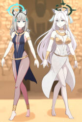 Rule 34 | 2girls, absurdres, ahoge, alternate costume, animal ear fluff, animal ears, anklet, anubis (mythology), armlet, armpits, barefoot, belt, black dress, blue archive, blue eyes, blurry, bracelet, breasts, broken halo, cleavage, collarbone, commentary request, covered navel, depth of field, dress, dual persona, earrings, egyptian clothes, entrance, extra ears, grey hair, hair between eyes, halo, highres, jewelry, large breasts, long hair, looking at another, majinmallow, medium breasts, medium hair, mismatched pupils, multiple girls, neck ring, outdoors, pantyhose, parted lips, pelvic curtain, pyramid (structure), shiroko (blue archive), shiroko terror (blue archive), shrine, side slit, sleeveless, statue, tiara, toes, white dress, white pantyhose, wolf ears, wolf girl