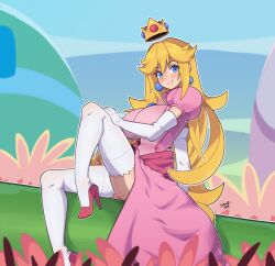 Rule 34 | 1girl, absurdres, arm support, blonde hair, blue eyes, blush, breasts, closed mouth, crown, dress, earrings, elbow gloves, floating crown, gloves, hair between eyes, high heels, highres, impossible clothes, impossible dress, jewelry, knee up, large breasts, leaning back, long dress, long hair, looking at viewer, mario (series), messy hair, nintendo, outdoors, pink dress, pink footwear, princess peach, puffy short sleeves, puffy sleeves, short sleeves, side slit, signature, sitting, smile, solo, soul art12, sphere earrings, super mario bros. 1, thighhighs, thighs, very long hair, white gloves, white thighhighs, zettai ryouiki