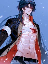 Rule 34 | 1boy, abs, blade (honkai: star rail), blood, blood on clothes, honkai: star rail, honkai (series), long hair, looking at viewer, male focus, np (1231 0720), open clothes, open shirt, snowing, solo