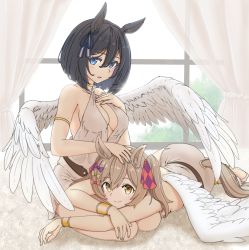 Rule 34 | 2girls, absurdres, animal ears, bare shoulders, barefoot, black hair, blue eyes, breasts, brown eyes, brown hair, cleavage, closed mouth, commentary request, curtains, dress, eishin flash (umamusume), feathered wings, grey dress, hair between eyes, highres, horse ears, horse girl, horse tail, indoors, k3m3kudi, looking at viewer, medium breasts, multiple girls, on lap, seiza, short hair, sitting, smart falcon (umamusume), smile, tail, twintails, umamusume, white wings, window, wings