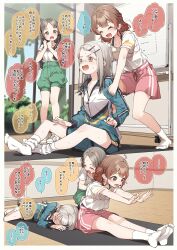 Rule 34 | 3girls, ^ ^, absurdres, ahoge, blush, brown hair, closed eyes, collarbone, commentary request, exercising, exhausted, gakuen idolmaster, gradient hair, green shorts, hanami ume, highres, idolmaster, indoors, instant loss, jacket, kuramoto china, light brown hair, long hair, looking at another, lying, multicolored hair, multiple girls, on side, outstretched arms, outstretched legs, pink shorts, puffy shorts, shinosawa hiro, shirt, shorts, smile, socks, speech bubble, straight hair, sweat, track jacket, translation request, very long hair, white shirt, white socks, whiteboard, wooden floor, yukie (kusaka shi)