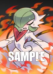 Rule 34 | 1girl, arched back, armpits, bare shoulders, blush, bob cut, closed eyes, colored skin, creatures (company), dress, elbow gloves, english text, female focus, fire, flat chest, frost monodie, game freak, gardevoir, gen 3 pokemon, gloves, green hair, hair over one eye, hot, long dress, mega gardevoir, mega pokemon, motion blur, nintendo, nose blush, one eye covered, open mouth, outstretched arms, pokemon, pokemon (creature), sample watermark, short hair, solo, spread arms, strapless, strapless dress, sweat, u u, watermark, white dress, white gloves, white skin
